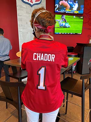 Michelle Chador in Bucs jersey