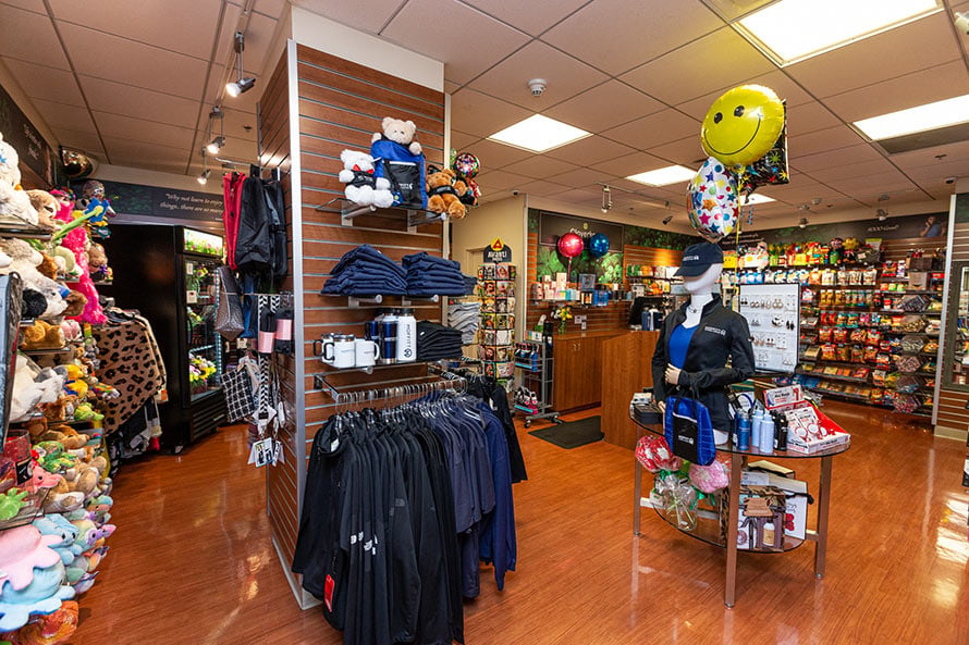 the gift shop at Moffitt has clothes, travel mugs, snacks, stuffed animals, and many other gifts