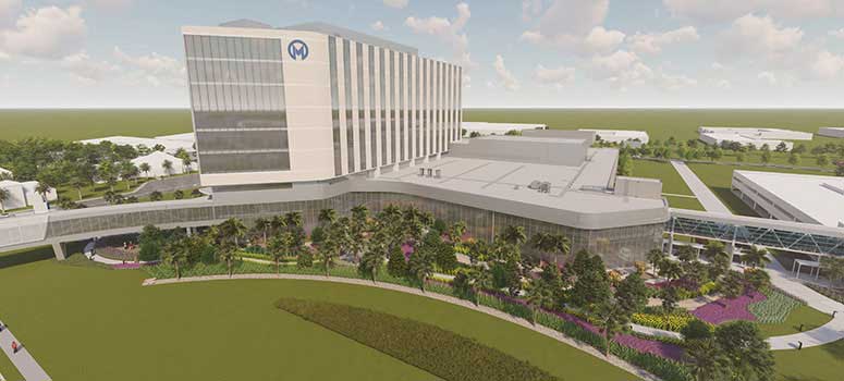 Moffitt's McKinley Hospital is shown in a graphic rendering. The hospital features 10 floors, a connecting pedestrian bridge and tropical garden.