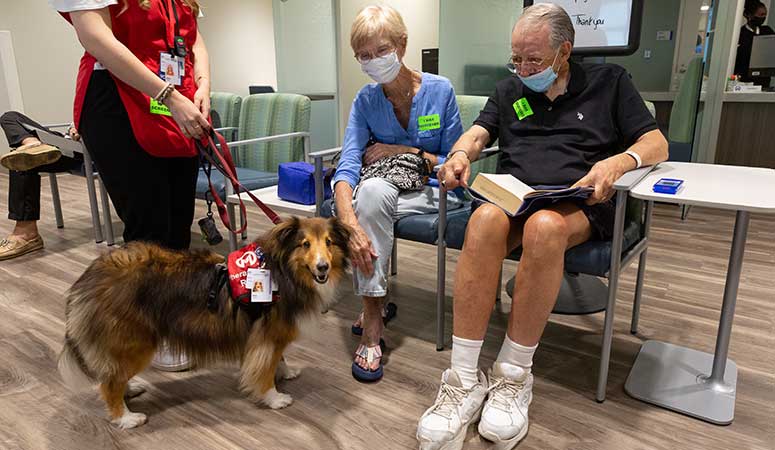 “Dogs always have a calming effect on people, and this is the perfect setting for it,” says John Carr, who enjoys time with Rory in the Thoracic Clinic waiting area. 