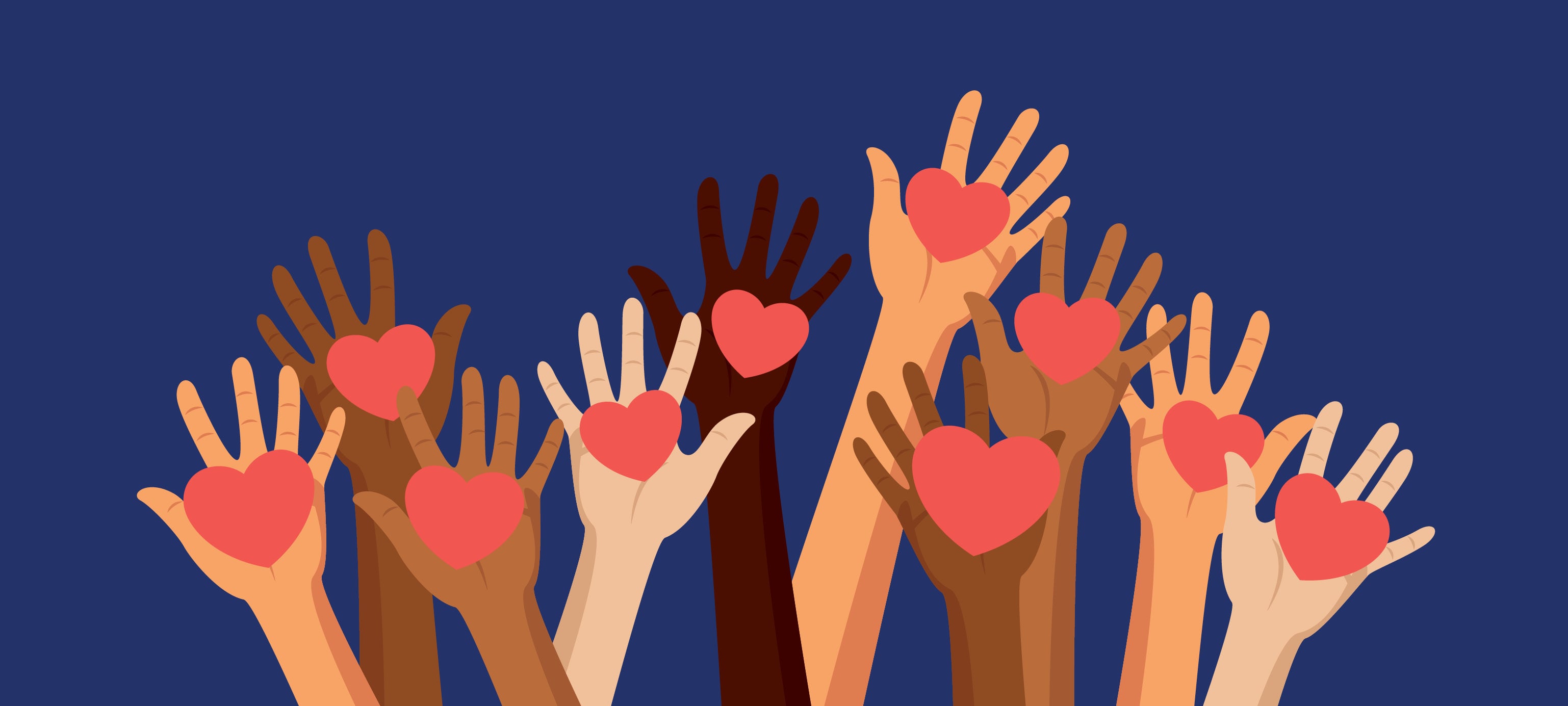 Graphic of hands reaching up each holding a heart