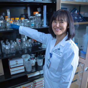 Research in front of beakers