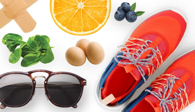 Healthy food, sun glasses and walking shoes