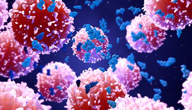 A 3d illustration of proteins with lymphocytes, t cells and cancer cells